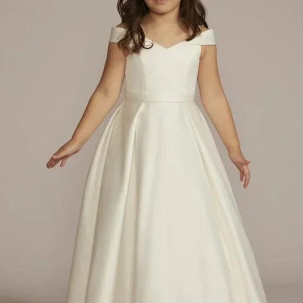 David's Bridal White Satin Off The Shoulder Flower Girl Dress